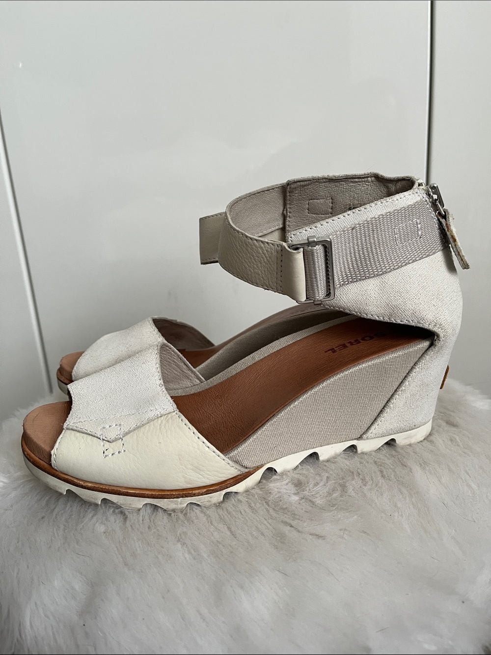 Sorel Cream and Tan Wedge Sandals with Ankle Strap, Size 8.5